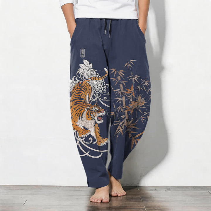 Buddha Stones Pantalon fuselé pour homme en pur coton, motif tigre rugissant et bambou, avec cordon de serrage et poches - Marine - US/UK/AU50，EU60 (5XL) - image 7