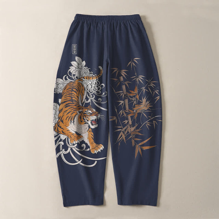 Buddha Stones Pantalon fuselé pour homme en pur coton, motif tigre rugissant et bambou, avec cordon de serrage et poches - image 10