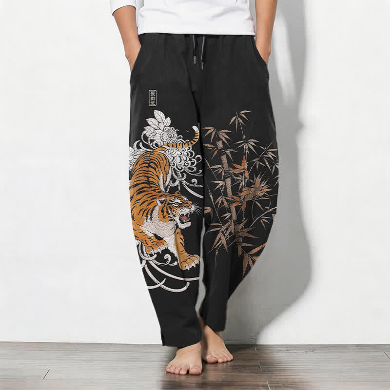Buddha Stones Pantalon fuselé pour homme en pur coton, motif tigre rugissant et bambou, avec cordon de serrage et poches - Noir - US/UK/AU50，EU60 (5XL) - image 11