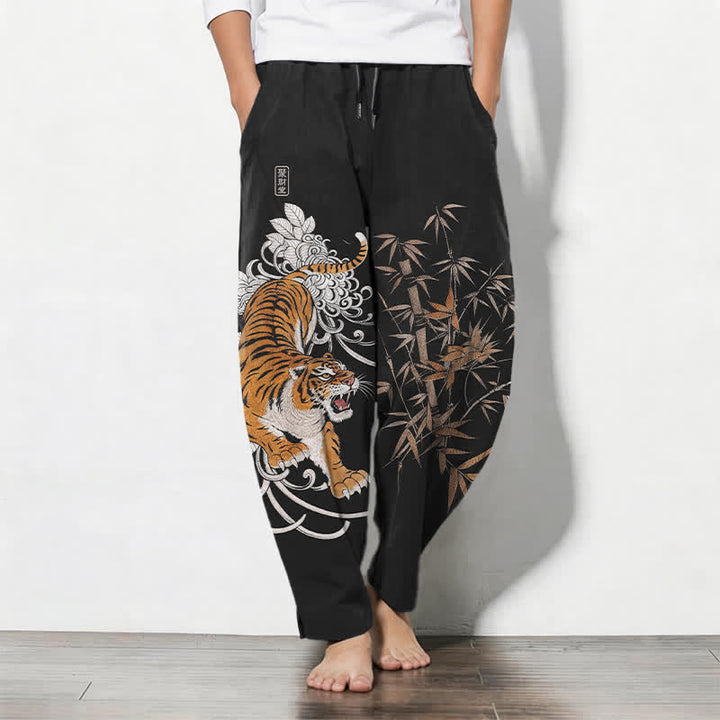Buddha Stones Pantalon fuselé pour homme en pur coton, motif tigre rugissant et bambou, avec cordon de serrage et poches - Noir - US/UK/AU50，EU60 (5XL) - image 11