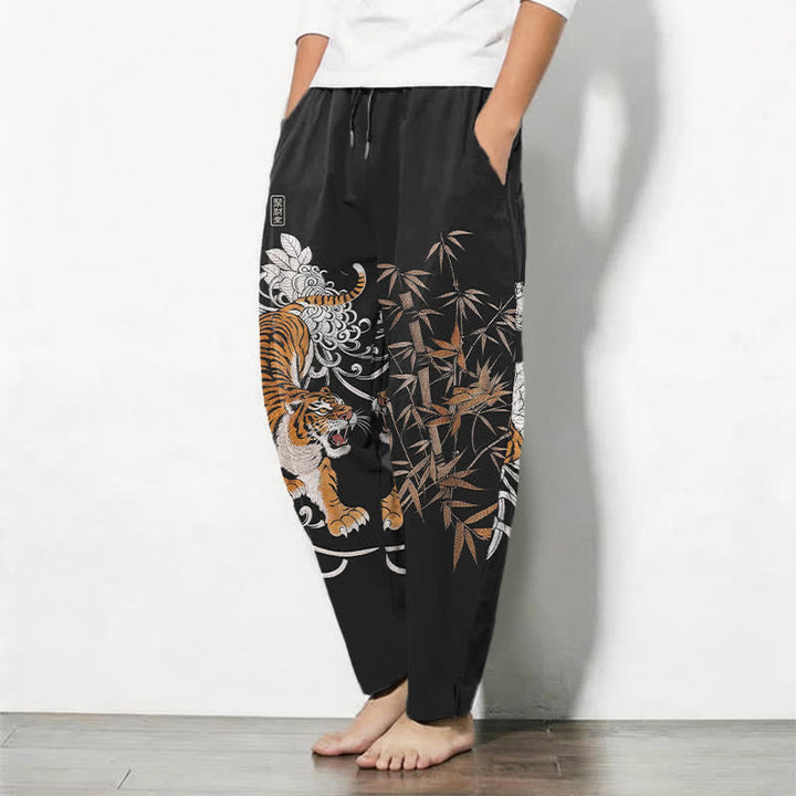 Buddha Stones Pantalon fuselé pour homme en pur coton, motif tigre rugissant et bambou, avec cordon de serrage et poches - image 12