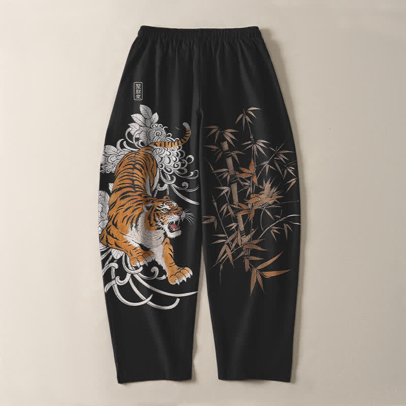 Buddha Stones Pantalon fuselé pour homme en pur coton, motif tigre rugissant et bambou, avec cordon de serrage et poches - image 14