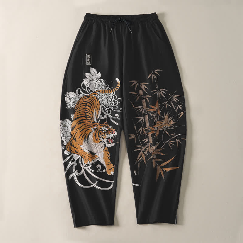 Buddha Stones Pantalon fuselé pour homme en pur coton, motif tigre rugissant et bambou, avec cordon de serrage et poches - image 13