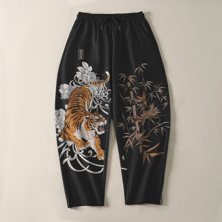 Buddha Stones Pantalon fuselé pour homme en pur coton, motif tigre rugissant et bambou, avec cordon de serrage et poches - image 13