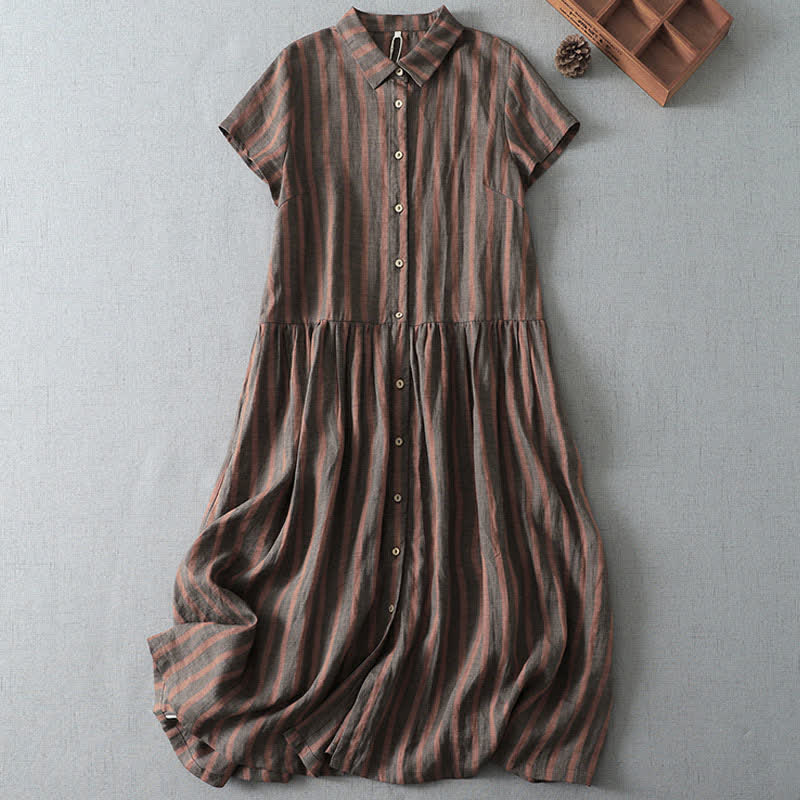 Buddha Stones Robe d'été décontractée vintage à rayures, manches courtes, boutonnée, avec poche - Terre de sienne - US12, UK/AU16, EU44 (2XL) - image 4