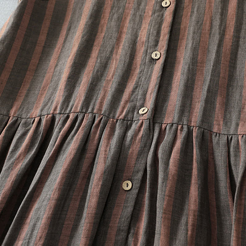 Buddha Stones Robe d'été décontractée vintage à rayures, manches courtes, boutonnée, avec poche - image 8