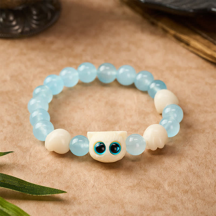 Buddha Stones Bracelet de pureté en calcédoine bleue sculptée à la main avec perle de chat - Chat aux yeux bleus (Tour de poignet : 16–17 cm) - Calcédoine bleue (Créativité ♥ Optimisme) - image 0