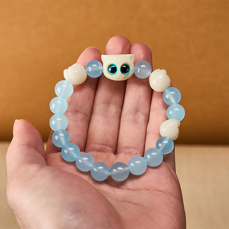 Buddha Stones Bracelet de pureté en calcédoine bleue sculptée à la main avec perle de chat - image 5