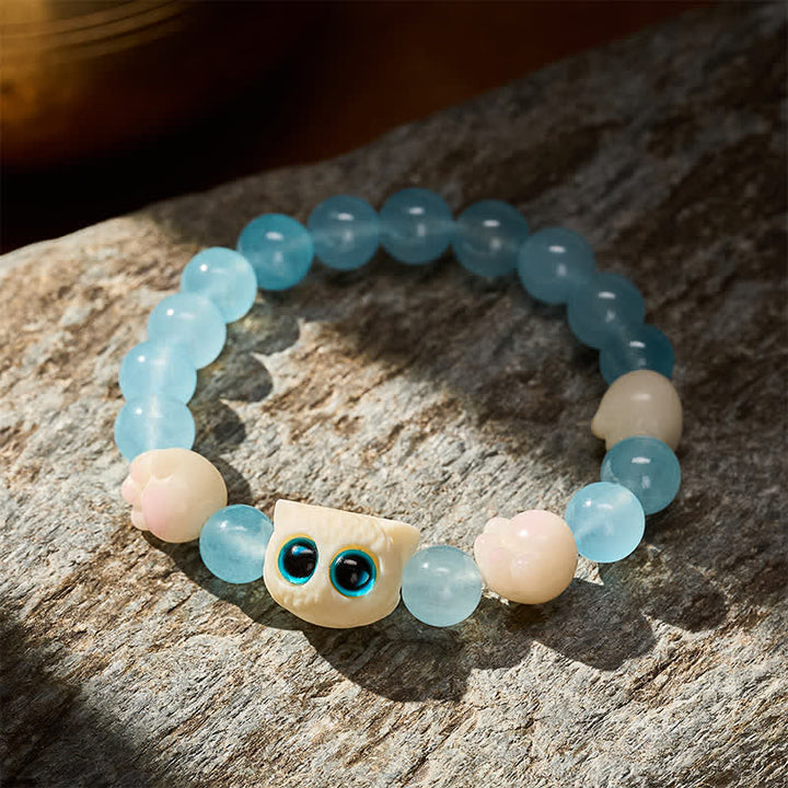 Buddha Stones Bracelet de pureté en calcédoine bleue sculptée à la main avec perle de chat - image 2