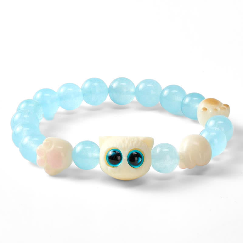 Buddha Stones Bracelet de pureté en calcédoine bleue sculptée à la main avec perle de chat - image 4