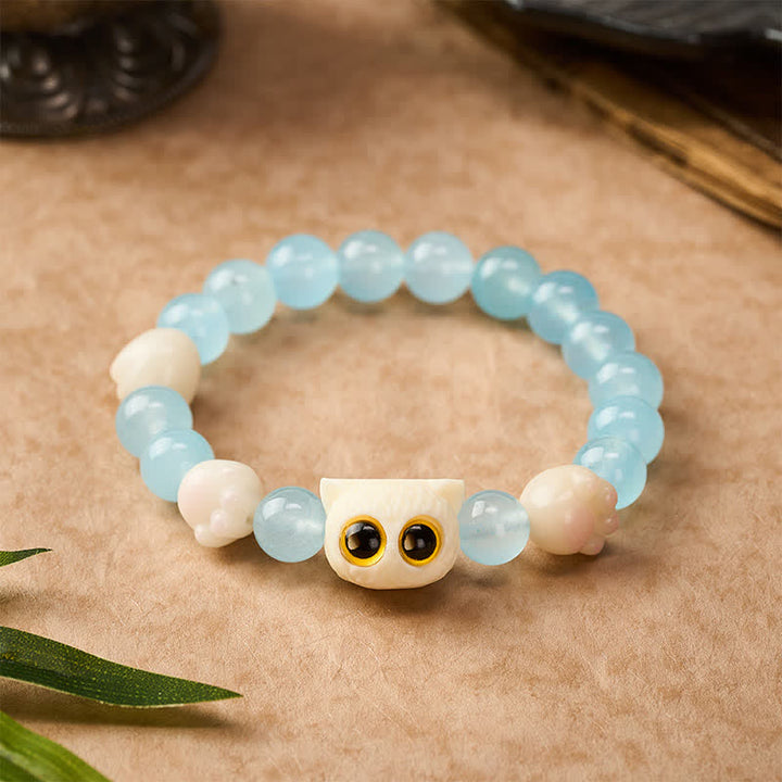 Buddha Stones Bracelet de pureté en calcédoine bleue sculptée à la main avec perle de chat - Chat aux yeux jaunes (Tour de poignet : 16–17 cm) - Calcédoine bleue (Créativité ♥ Optimisme) - image 11