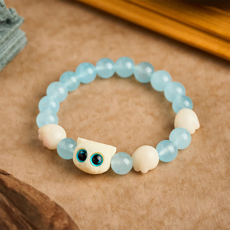 Buddha Stones Bracelet de pureté en calcédoine bleue sculptée à la main avec perle de chat - image 1