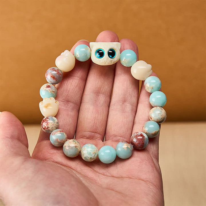 Buddha Stones Bracelet de perles en pierre de Shoushan sculptée à la main, représentant un chat et symbole de pureté. - image 5