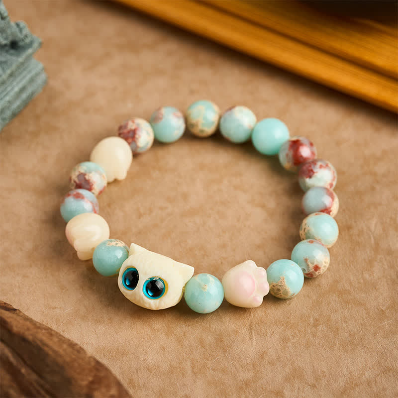 Buddha Stones Bracelet de perles en pierre de Shoushan sculptée à la main, représentant un chat et symbole de pureté. - image 1