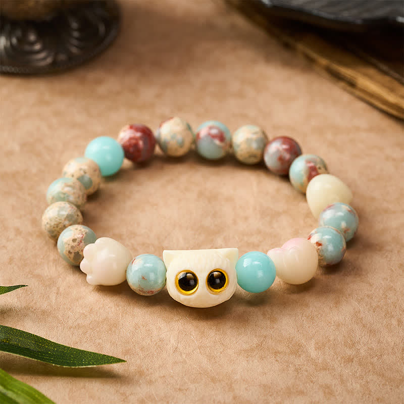 Buddha Stones Bracelet de perles en pierre de Shoushan sculptée à la main, représentant un chat et symbole de pureté. - Chat aux yeux jaunes (Tour de poignet : 16–17 cm) - Pierre de Shoushan (Harmonie positive ♥) - image 11