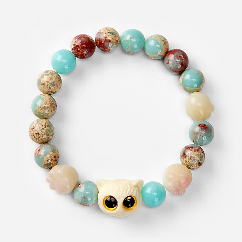 Buddha Stones Bracelet de perles en pierre de Shoushan sculptée à la main, représentant un chat et symbole de pureté. - image 16