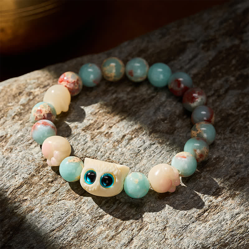 Buddha Stones Bracelet de perles en pierre de Shoushan sculptée à la main, représentant un chat et symbole de pureté. - image 2