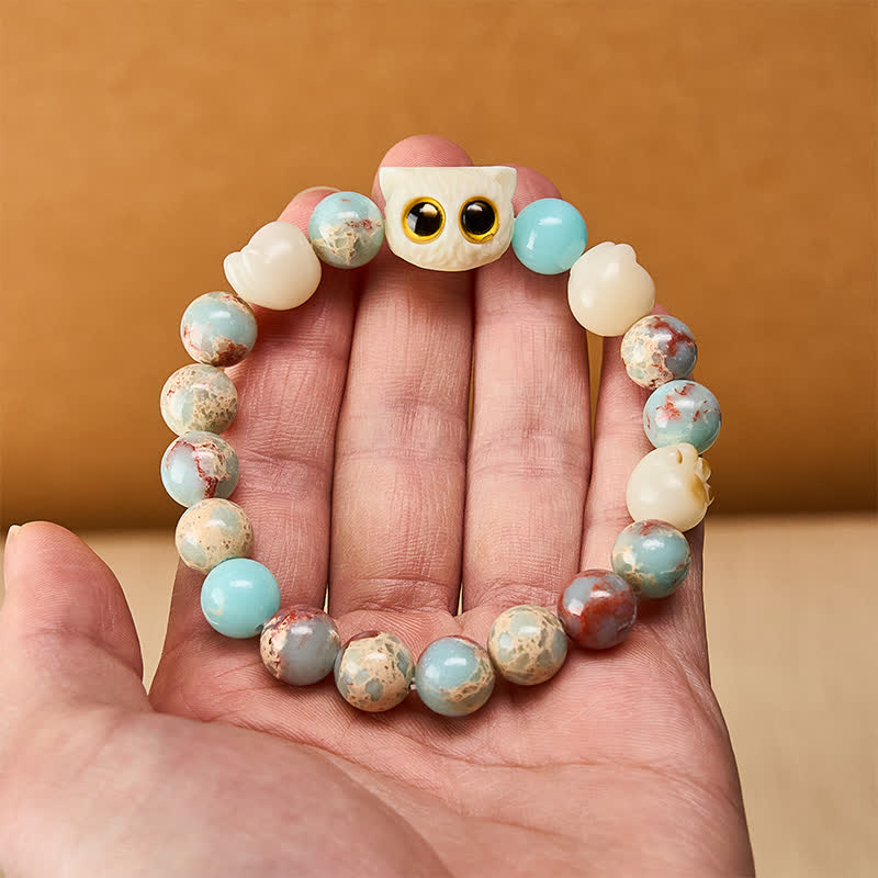 Buddha Stones Bracelet de perles en pierre de Shoushan sculptée à la main, représentant un chat et symbole de pureté. - image 14