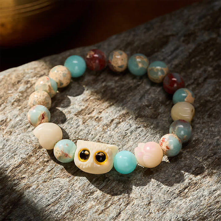 Buddha Stones Bracelet de perles en pierre de Shoushan sculptée à la main, représentant un chat et symbole de pureté. - image 13