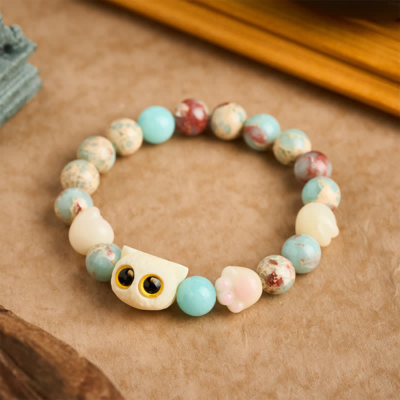 Buddha Stones Bracelet de perles en pierre de Shoushan sculptée à la main, représentant un chat et symbole de pureté. - image 12