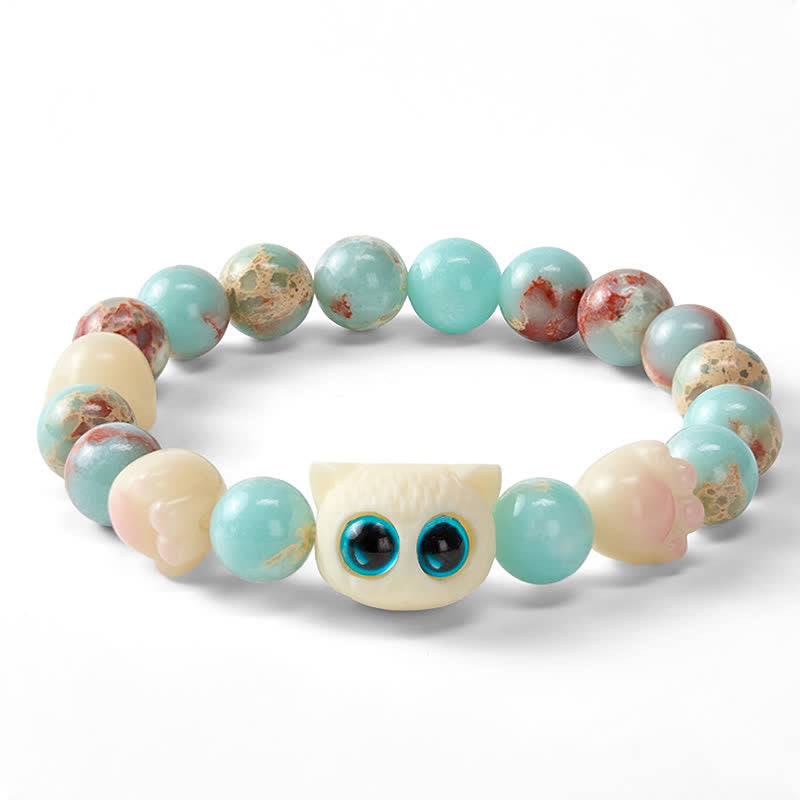 Buddha Stones Bracelet de perles en pierre de Shoushan sculptée à la main, représentant un chat et symbole de pureté. - image 3
