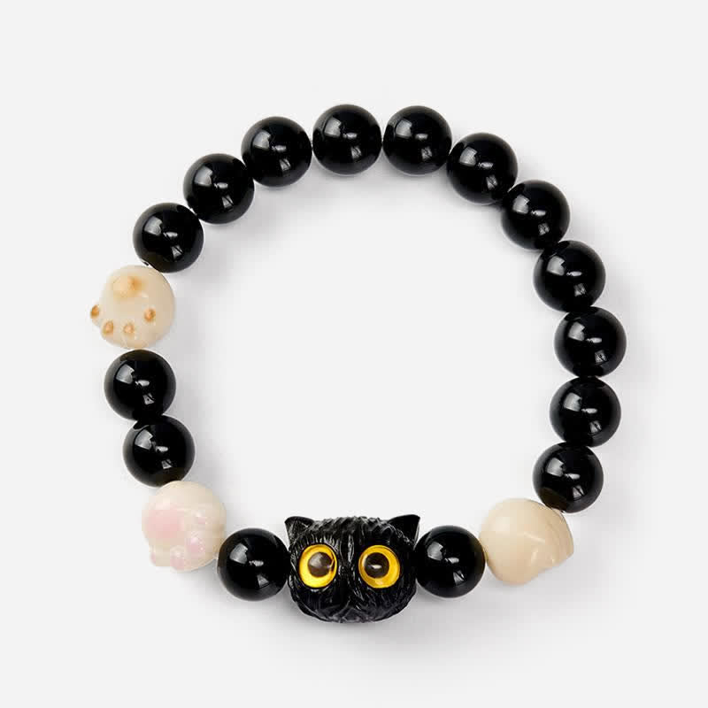 Buddha Stones Bracelet de mise à la terre en obsidienne noire sculptée à la main avec perle de chat aux yeux jaunes et tête de chat - image 4