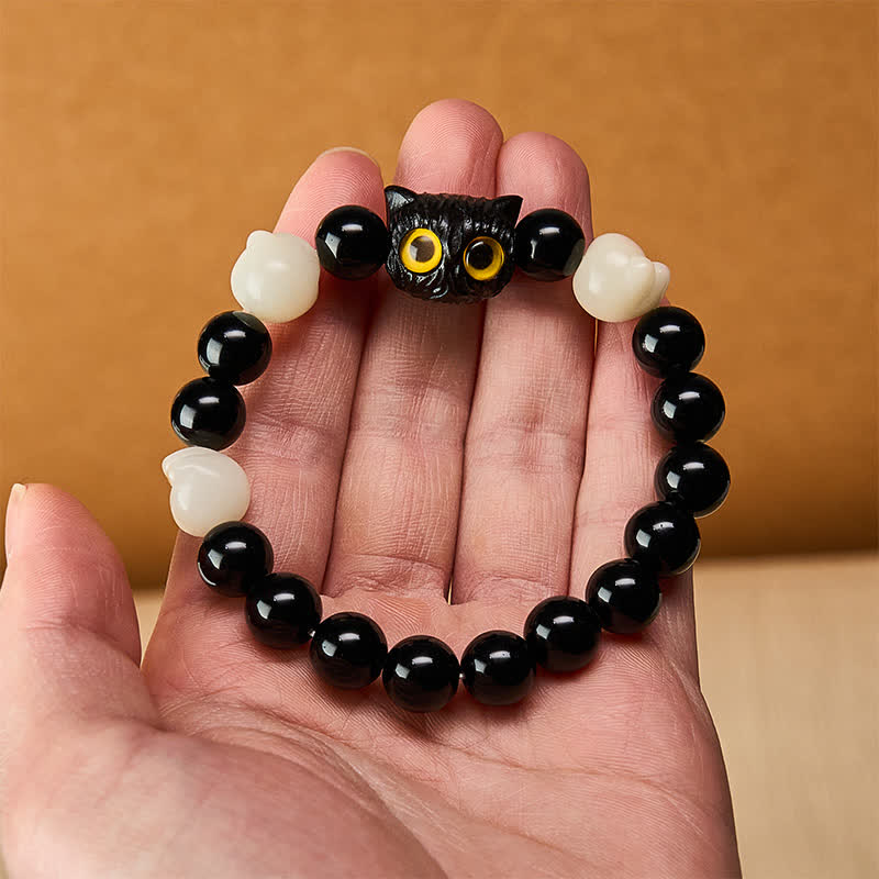 Buddha Stones Bracelet de mise à la terre en obsidienne noire sculptée à la main avec perle de chat aux yeux jaunes et tête de chat - image 5