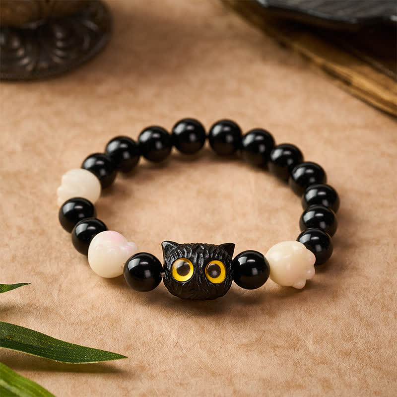 Buddha Stones Bracelet de mise à la terre en obsidienne noire sculptée à la main avec perle de chat aux yeux jaunes et tête de chat - image 1