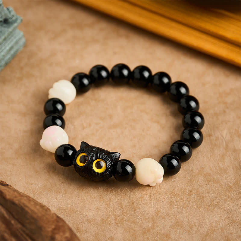 Buddha Stones Bracelet de mise à la terre en obsidienne noire sculptée à la main avec perle de chat aux yeux jaunes et tête de chat - Obsidienne noire (Purification ♥ Force) (Tour de poignet : 16–17 cm) - image 0