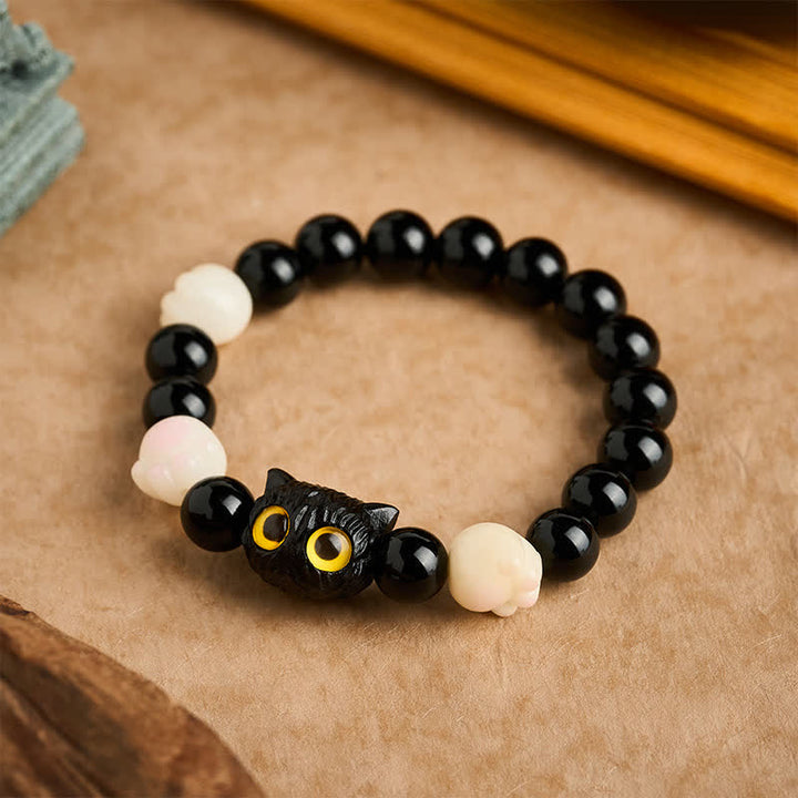 Buddha Stones Bracelet de mise à la terre en obsidienne noire sculptée à la main avec perle de chat aux yeux jaunes et tête de chat - Obsidienne noire (Purification ♥ Force) (Tour de poignet : 16–17 cm) - image 0