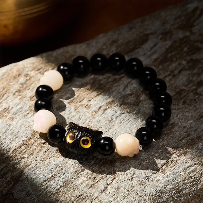 Buddha Stones Bracelet de mise à la terre en obsidienne noire sculptée à la main avec perle de chat aux yeux jaunes et tête de chat - image 2