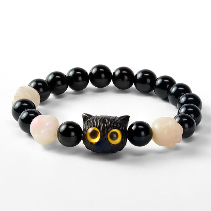 Buddha Stones Bracelet de mise à la terre en obsidienne noire sculptée à la main avec perle de chat aux yeux jaunes et tête de chat - image 3