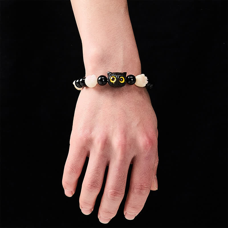 Buddha Stones Bracelet de mise à la terre en obsidienne noire sculptée à la main avec perle de chat aux yeux jaunes et tête de chat - image 6