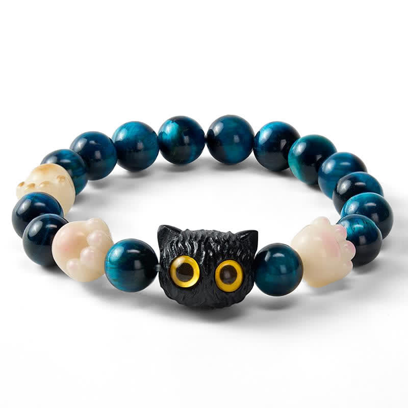 Buddha Stones Bracelet de perles d'ancrage en œil de tigre bleu avec chat mignon sculpté à la main - image 3