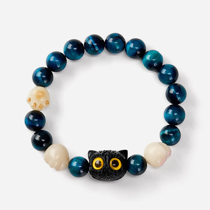 Buddha Stones Bracelet de perles d'ancrage en œil de tigre bleu avec chat mignon sculpté à la main - image 4