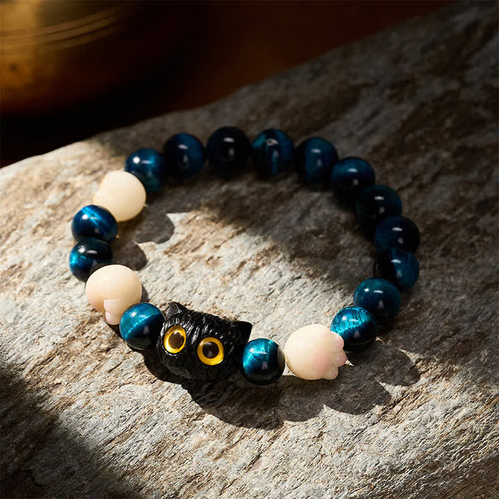 Buddha Stones Bracelet de perles d'ancrage en œil de tigre bleu avec chat mignon sculpté à la main - image 2
