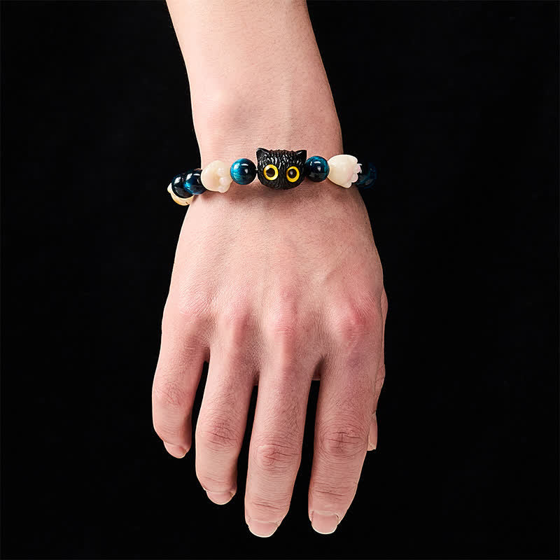 Buddha Stones Bracelet de perles d'ancrage en œil de tigre bleu avec chat mignon sculpté à la main - image 6