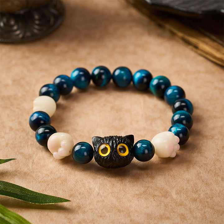Buddha Stones Bracelet de perles d'ancrage en œil de tigre bleu avec chat mignon sculpté à la main - image 1