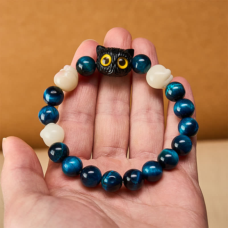 Buddha Stones Bracelet de perles d'ancrage en œil de tigre bleu avec chat mignon sculpté à la main - image 5