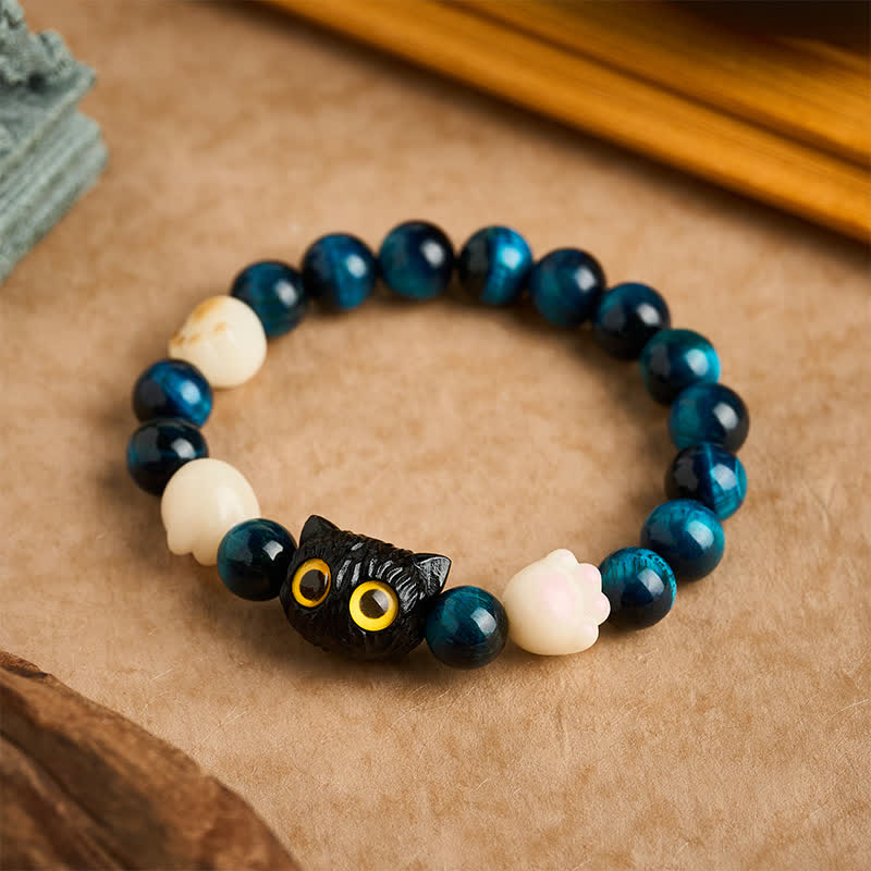 Buddha Stones Bracelet de perles d'ancrage en œil de tigre bleu avec chat mignon sculpté à la main - Œil de Tigre Bleu (Protection ♥ Équilibre) (Tour de poignet : 16–17 cm) - image 0