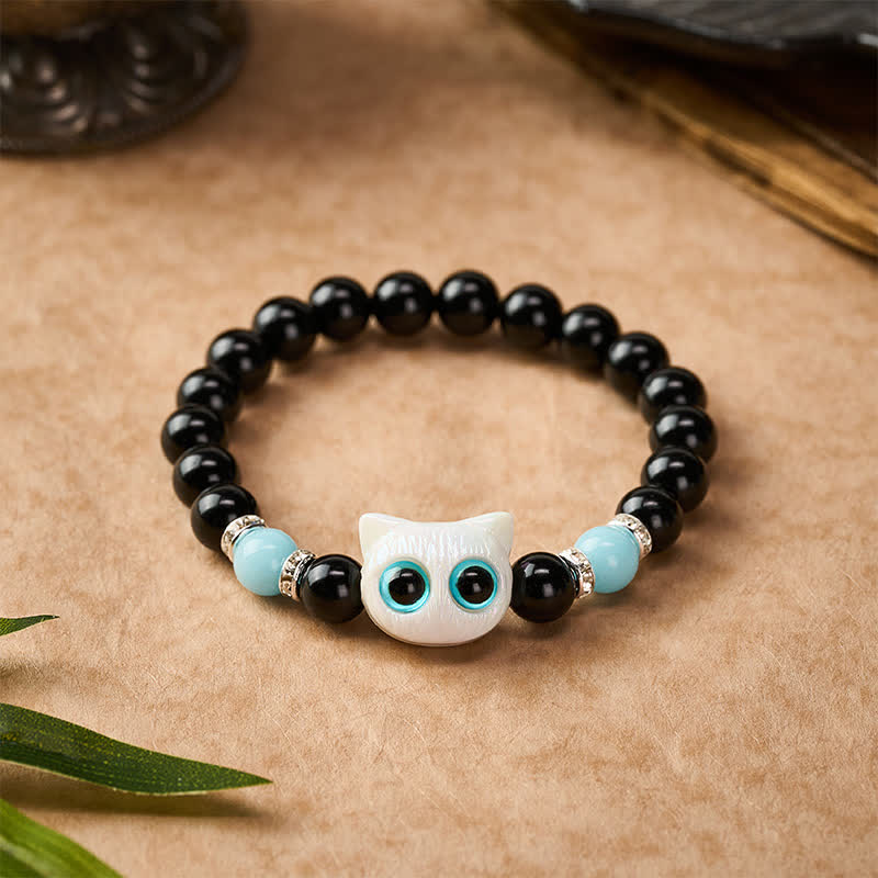 Buddha Stones Bracelet de protection en perles d'obsidienne noire avec un adorable chat aux grands yeux - image 2