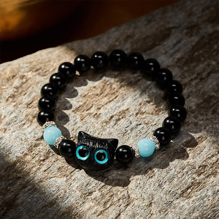 Buddha Stones Bracelet de protection en perles d'obsidienne noire avec un adorable chat aux grands yeux - image 15
