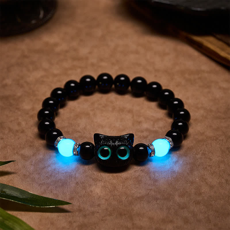 Buddha Stones Bracelet de protection en perles d'obsidienne noire avec un adorable chat aux grands yeux - Chat noir (Tour de poignet : 15–16 cm) - image 13