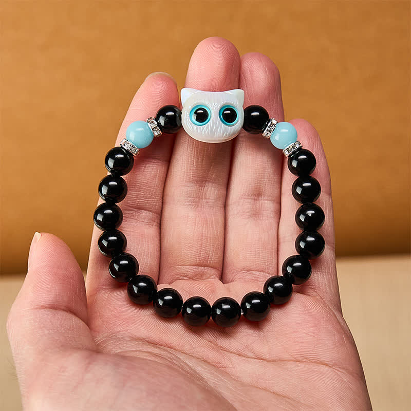 Buddha Stones Bracelet de protection en perles d'obsidienne noire avec un adorable chat aux grands yeux - image 10