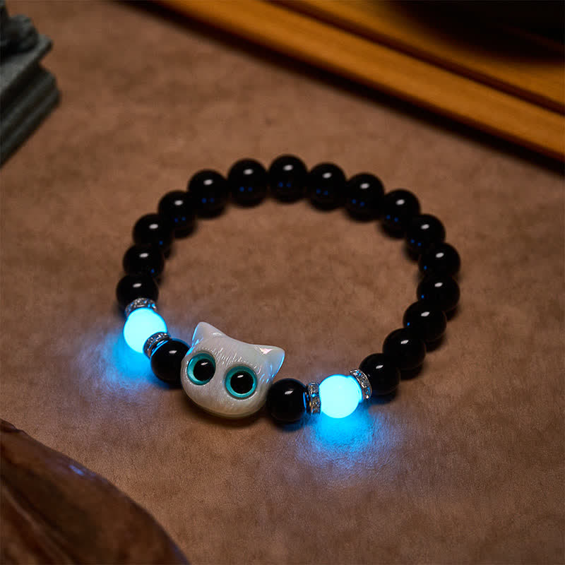 Buddha Stones Bracelet de protection en perles d'obsidienne noire avec un adorable chat aux grands yeux - image 4