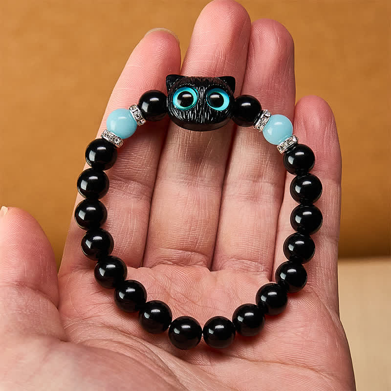 Buddha Stones Bracelet de protection en perles d'obsidienne noire avec un adorable chat aux grands yeux - image 20