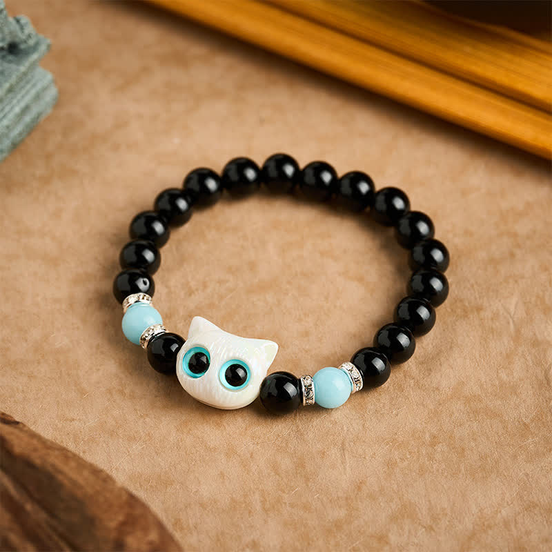 Buddha Stones Bracelet de protection en perles d'obsidienne noire avec un adorable chat aux grands yeux - image 8