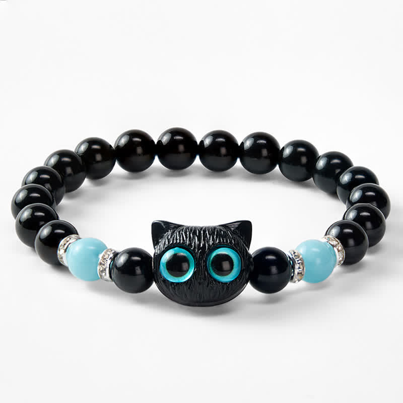 Buddha Stones Bracelet de protection en perles d'obsidienne noire avec un adorable chat aux grands yeux - image 22