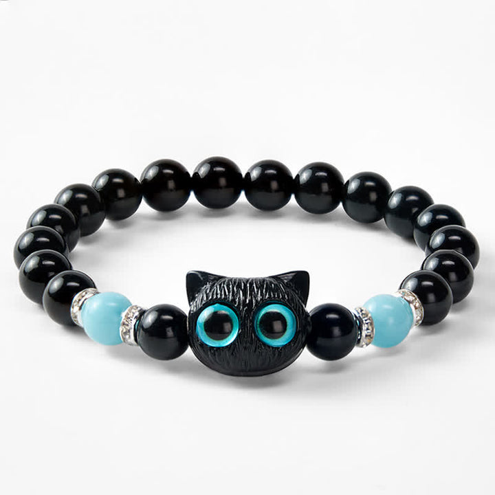 Buddha Stones Bracelet de protection en perles d'obsidienne noire avec un adorable chat aux grands yeux - image 22
