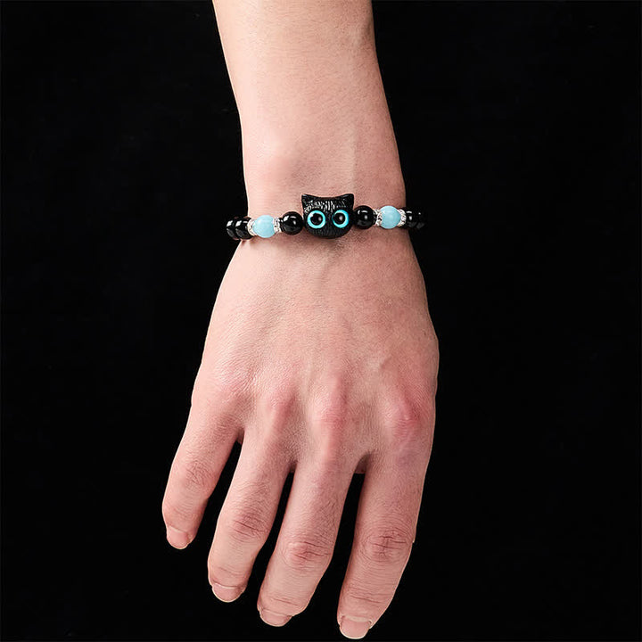 Buddha Stones Bracelet de protection en perles d'obsidienne noire avec un adorable chat aux grands yeux - image 17